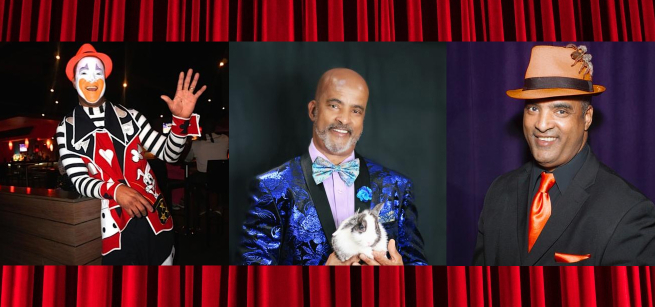 clown, man in a shiny jacket holding a rabbit, man in a suit wearing a brown hat