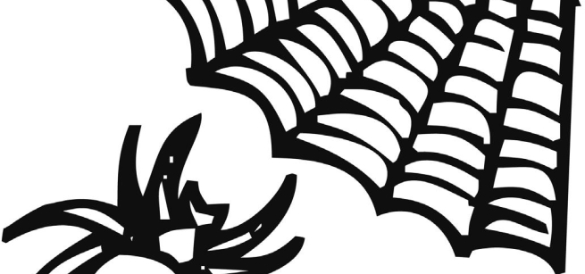 a black and white drawing of a spider crawling towards a web