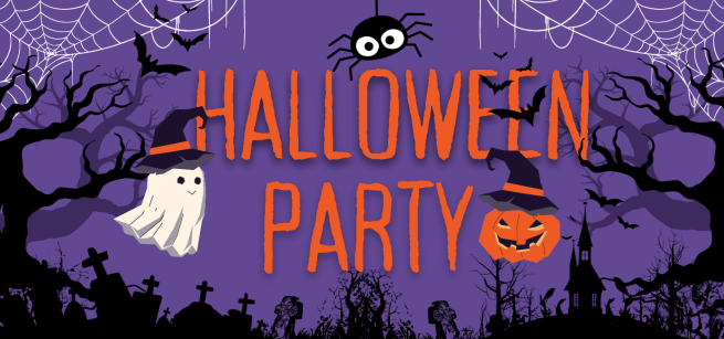 Orange text in the center says "Halloween Party" with a purple background and black graveyard scene. There is also a spider, ghost, and pumpkin illustration. 