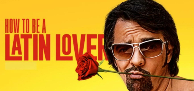 Maximo is holding a rose in his mouth.