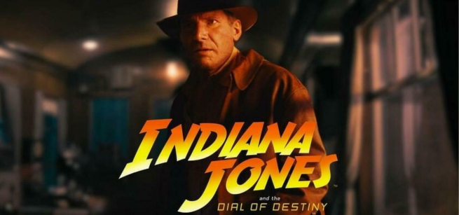 Indiana Jones is in the picture above the title of the movie