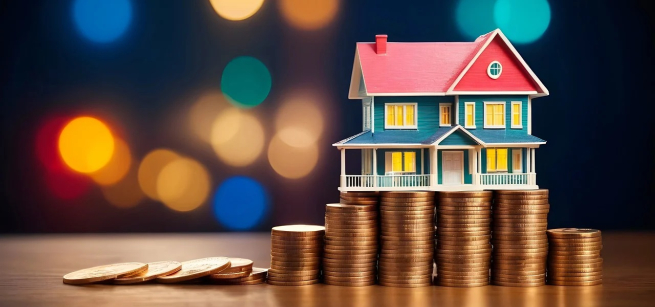 a blue house with a red roof is on top of a stack of coins with polka dots in the background