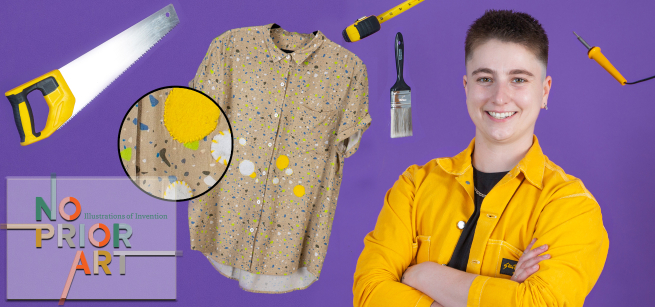 person in a yellow shirt with a purple background and yellow tools floating around them