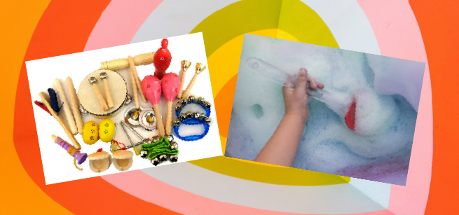 An assortment of children safe instruments and bubble foam