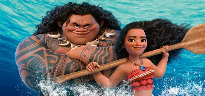 Moana movie poster with Moana and Maui standing in front of water