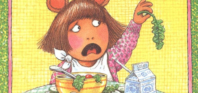 Picture of D.W. holding up salad greens and making a disgusted face