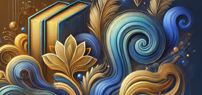 A vibrant abstract image representing the life and influence of Partow Noori Ala in Persian poetry and diaspora literature. Focus on flowing, wave-like shapes with books nested within. Created by Dall-E AI Image Generator