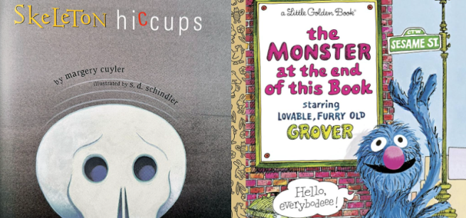 Book covers of "Skeleton Hiccups" and "The Monster at the End of This Book" side by side