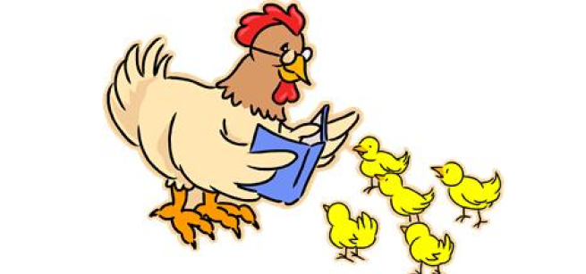 A hen reading a book to five baby chicks