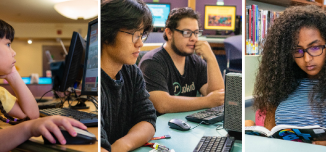 A triptych of 4 children and teens studying on the computer or reading a book.