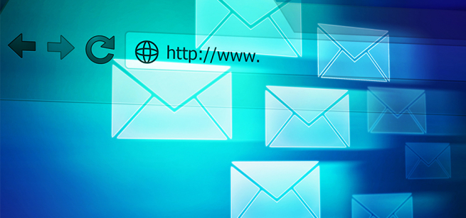 Webpage with "http://www." typed in the address bar. Opaque email icon graphics across the page.