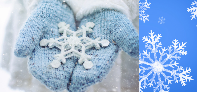 Hand holding a snowflake, multiple snowflakes on a blue background