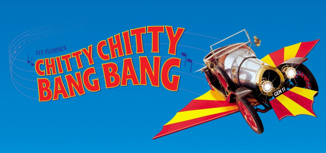 The picture has the title, Chitty Chitty Bang Bang, to the left and a flying car to the right