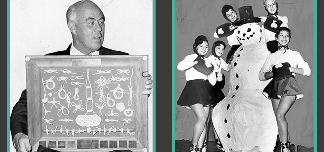 In one photo, a man holds up a board covered with rope knots. A second photo shows junior high students surrounding a snowman that appears to be made out of paper mache.