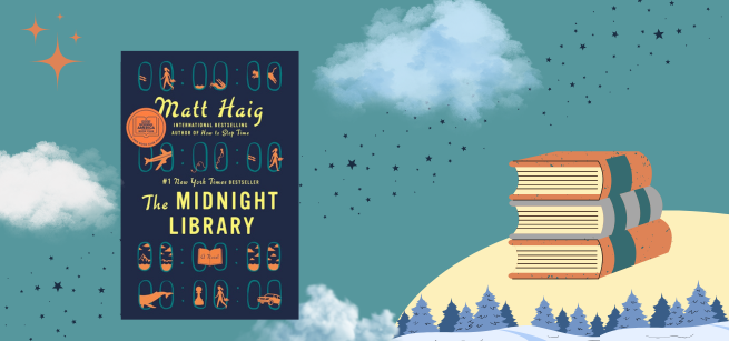 Blue background with clouds and stars featuring the cover of The Midnight Library by Matt Haig 