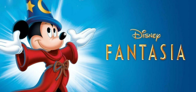 Mickey Mouse is in the picture along with title word Fantasia