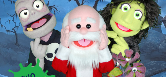 Holiday Hijinks show image of a zombie, witch, and Santa puppet against a spooky blue background