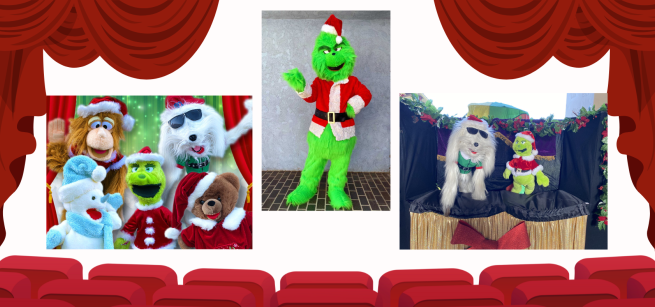 Puppet characters surrounded by theater curtains and seating
