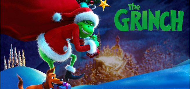 The Grinch movie poster with The Grinch in a Santa suit with a bag of presents in a snowy city with a dog at his feet holding a present in its mouth