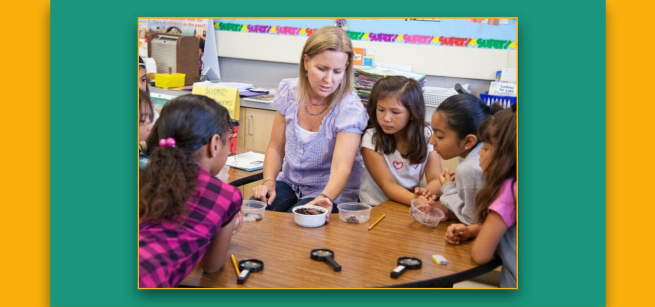 An adult woman and four children examining soil in a plastic container.