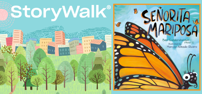 Senorita Mariposa book cover and cityscape illustration