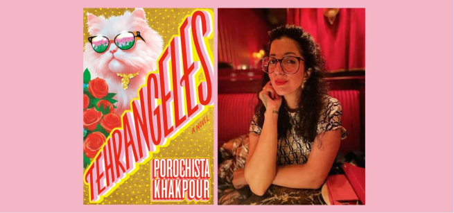To the left is the cover of the book Tehrangeles, featuring a bouquet of red roses and a white Persian cat in sunglasses on a gold background. To the right is an image of the author, seated in a red booth in a restaurant. 