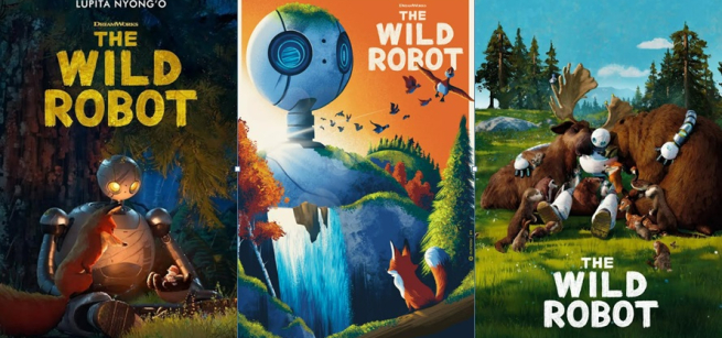 Three covers from The Wild Robot Movie with the robot and animals featured