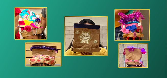 Five decorated party hats