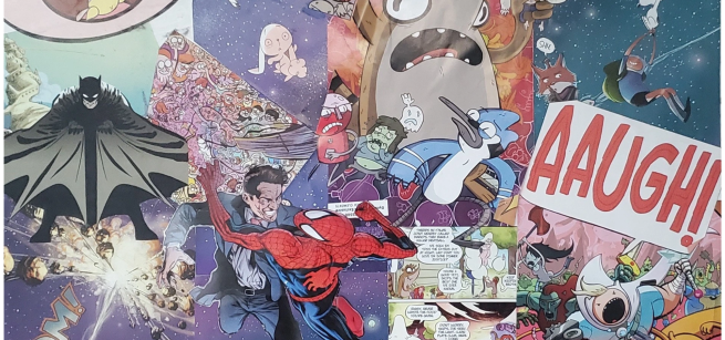 A vibrant collage of various comic book and cartoon characters, with colorful action scenes, speech bubbles, and sound effects.
