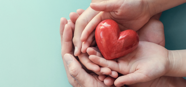 Multiple hands hold a heart-shaped stone.