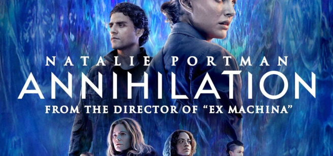 The cast of Annihilation are wearing military gear and are depicted against a dripping blue background.