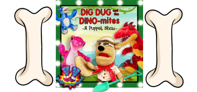 Dig Dug is pointing while three colorful dinosaurs are behind him