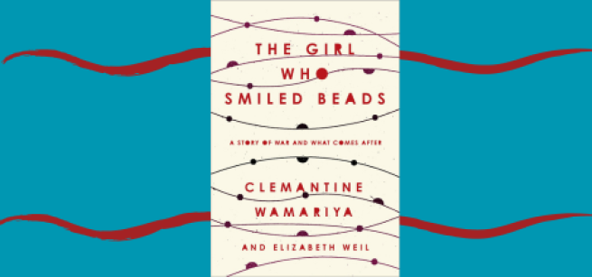 Book cover of "The Girl Who Smiled Beads" on a blue background with red wavy lines