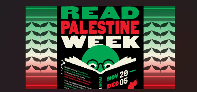 red green and white graphic of person reading a book with text that reads "Read Palestine Week"