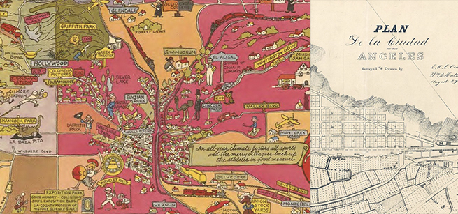 Detail from Jo Mora's 1942 Map of Historical and Recreational Los Angeles and detail from Edward Ord's 1849 map, Plan de la cuidad de Los Angeles