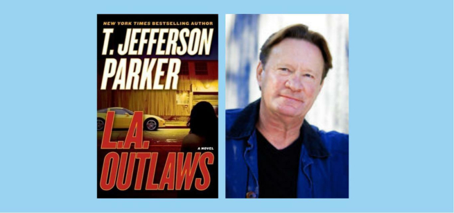 To the left is the cover of the book L.A. Outlaws, featuring a yellow sports car and the silhouette of a woman. To the right is a photograph of the author, wearing a blue jacket over a black t-shirt.  
