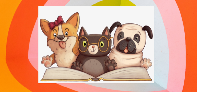 Two dogs with a cat in the middle on top of an open book.