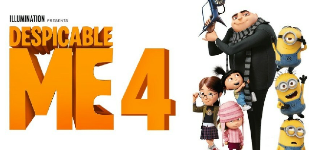 Despicable Me 4 Movie poster with Gru, his children, and the minions