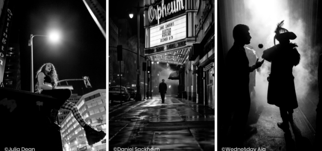 A series of black and white photographs showing images of people in Los Angeles at night.
