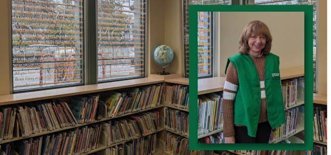 Photo of the picture book shelves at the Palms-Rancho Park Branch with an inset portrait photo of Rona