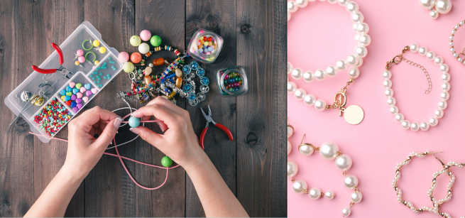 Pair of hands making jewelry with another photo of jewelry on a pink background