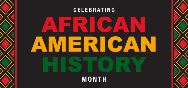 Text that states Celebrating African American History Month with a boarder on the side in red, yellow, and green. 