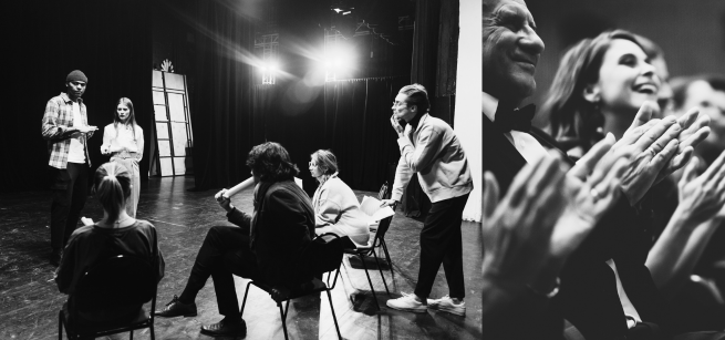 Two photos: one is a group of people watching a dramatic reading on a stage; the other is clapping audience members