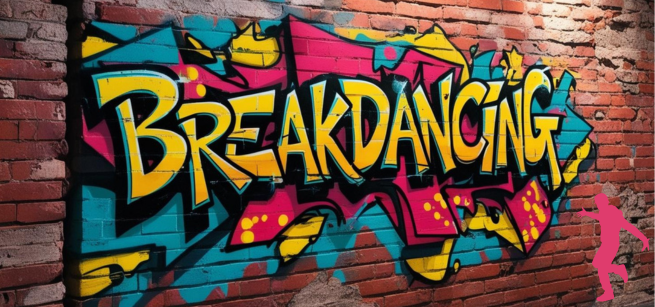 Breakdancing written in graffiti style against brick wall