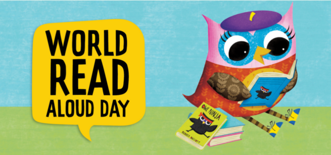 World Read Aloud Day text with splash image of a reading owl