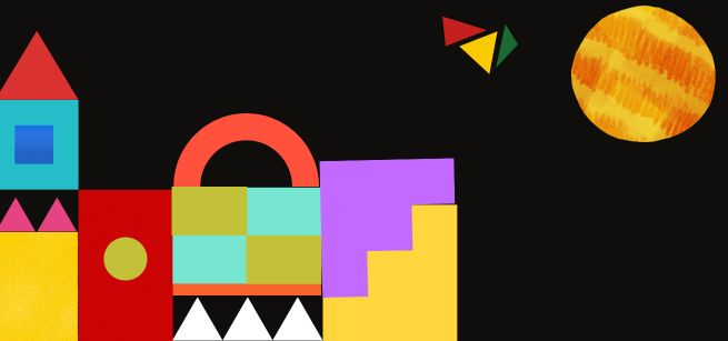 A collage of brightly colored shapes stack together to form the image of a cityscape with a moon and stars in the sky.