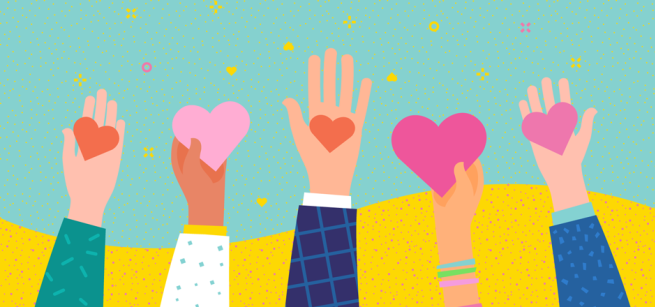 raised hands holding hearts