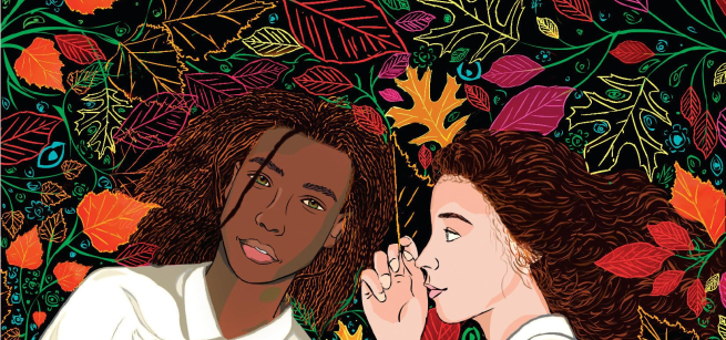 Book cover art of two teenagers laying down surrounded by fall leaves