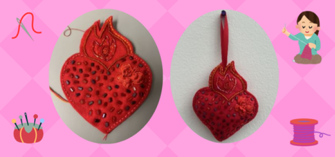 felt crafted heart with a pink background 