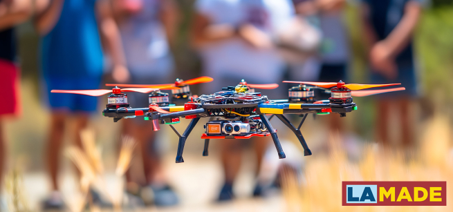 Flying drone with a background of blurred people watching